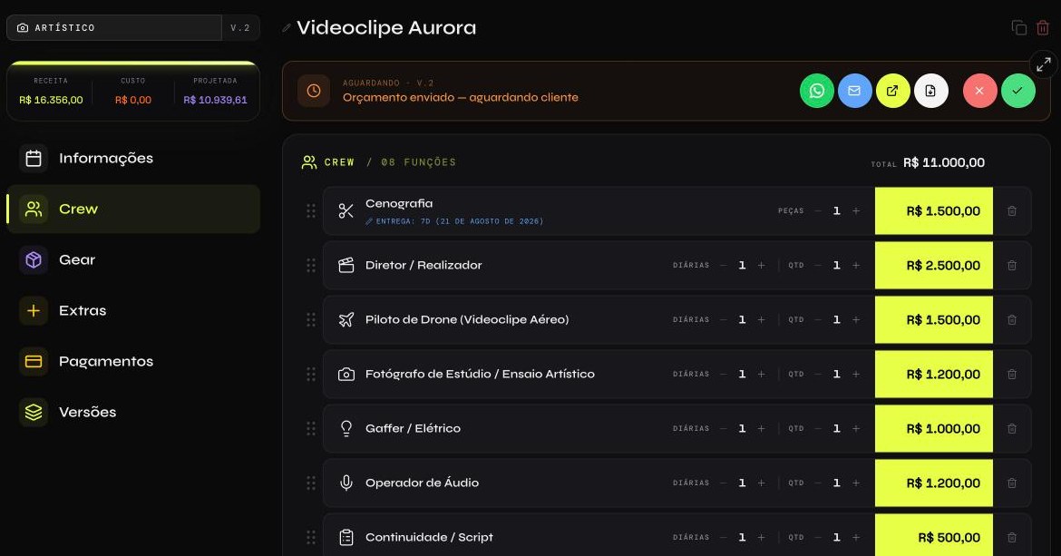 Print do CLAP no computador: montagem do orçamento de um videoclipe, com as funções da equipe, diárias, quantidade e valor de cada uma, e no topo a receita, o custo e o valor projetado do job