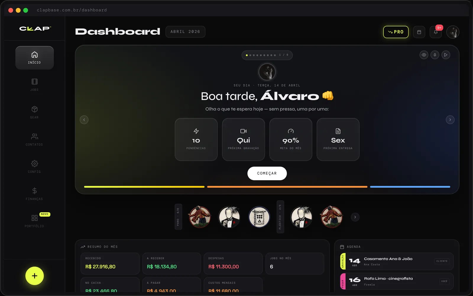 Dashboard do CLAP no computador: o resumo do dia, o resumo do mês com recebido, a receber e despesas, e a agenda da produtora